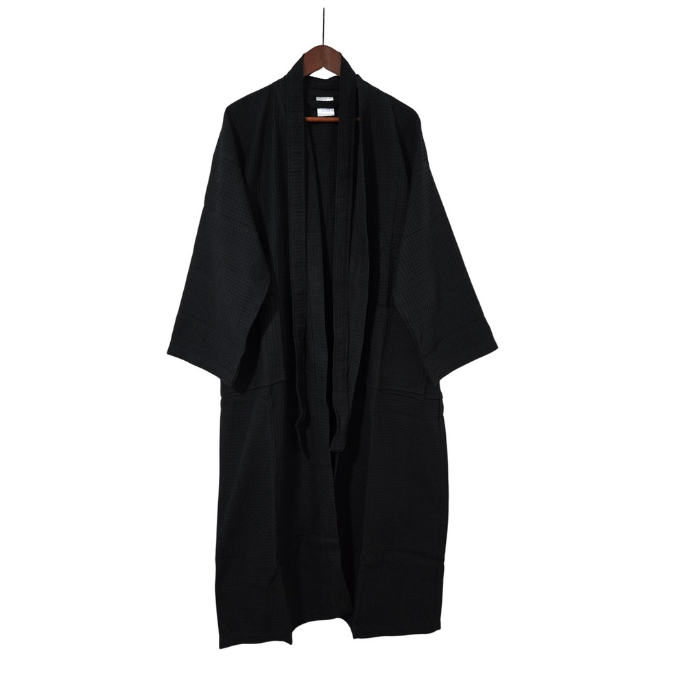 TowelHub Mens Waffle Kimono Bath Robe Black Cotton Blend Spa Loungewear Large